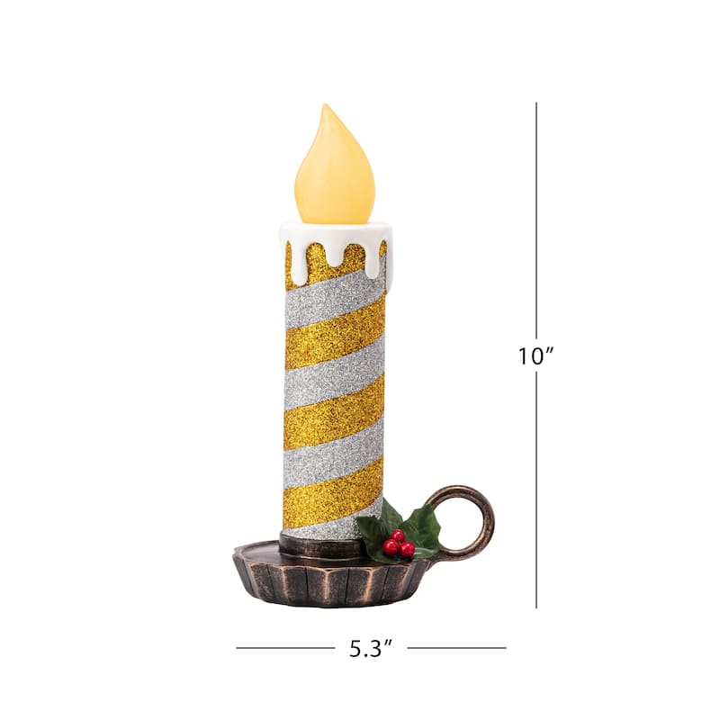 10" Set of 2 Flickering LED Resin Glittery Striped Candles - Gold & Silver