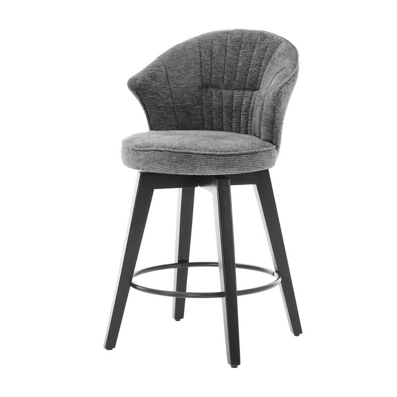 Set of 2 Chenille Upholstered Swivel Bar Stools with Solid Wood Legs and Wing Back