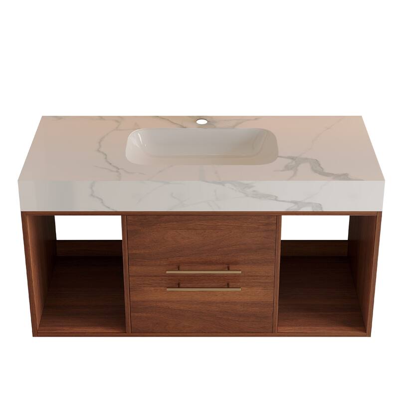 39.4"Floating Bathroom Vanity with Ceramic sink,Wall Mounted Vanity 2 Soft Close Drawer and white Slate top