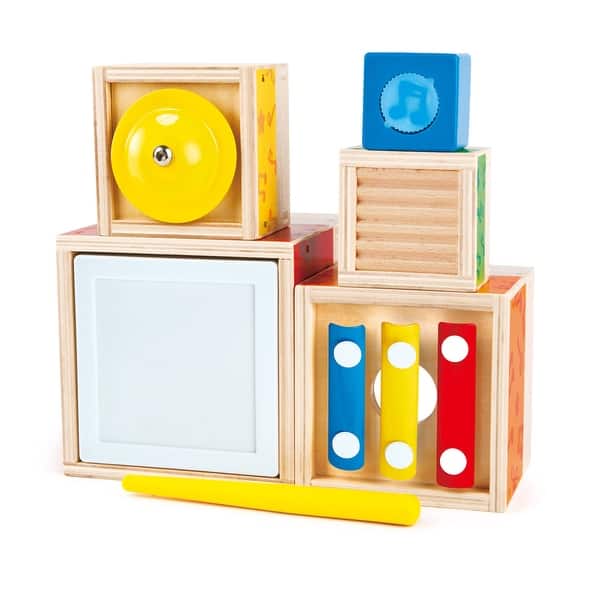 slide 2 of 5, Hape Odyssey Stacking Music Set - Colorful 6 Piece Musical Box Toy