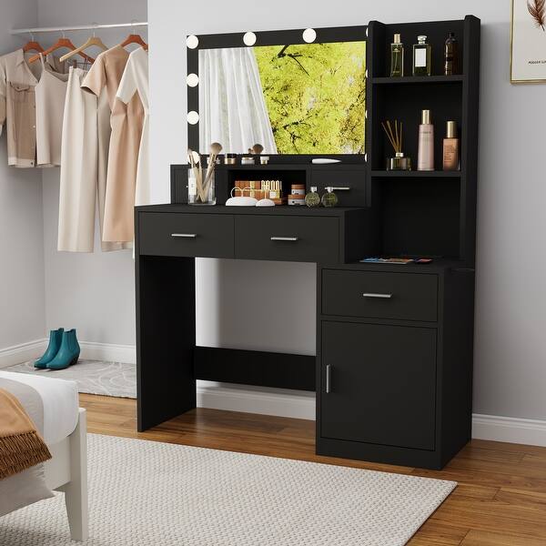 black dressing table with drawers Vineego Makeup Vanity Desk with Mirror, Lights & Power Outlet Vanity Table with 7 Drawers and 6 Storage Shelves for Bedroom, White