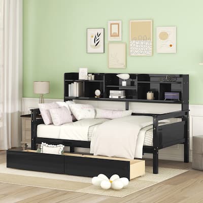 Twin Daybed with Storage 2 Drawers & Shelves, 250lb Capacity, Solid Wood Frame