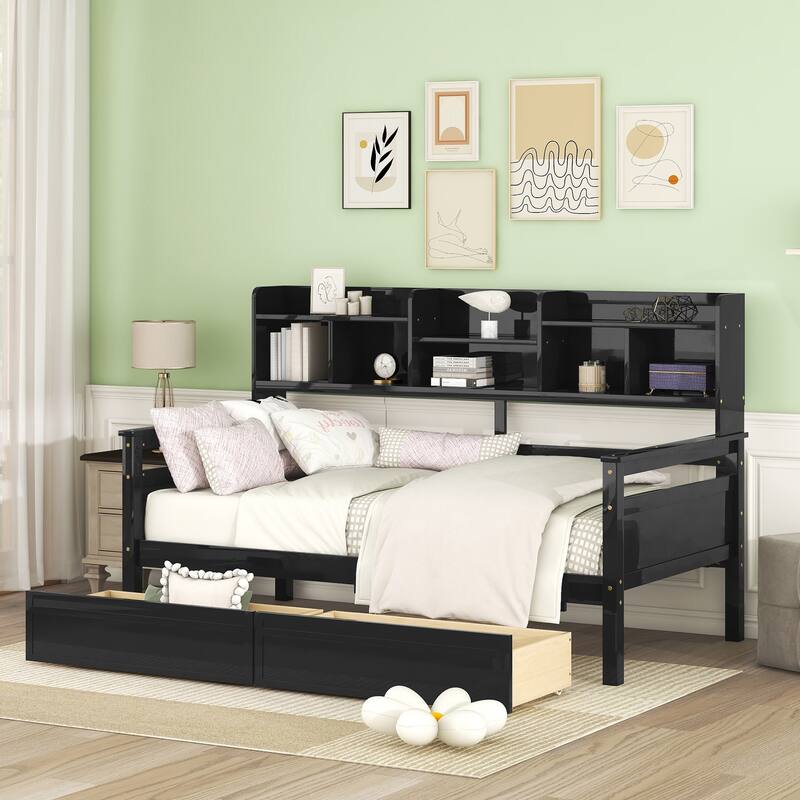 Twin Size Daybed with Wood Slat Support, Bedside Shelves, and Two Drawers in Espresso - Espresso