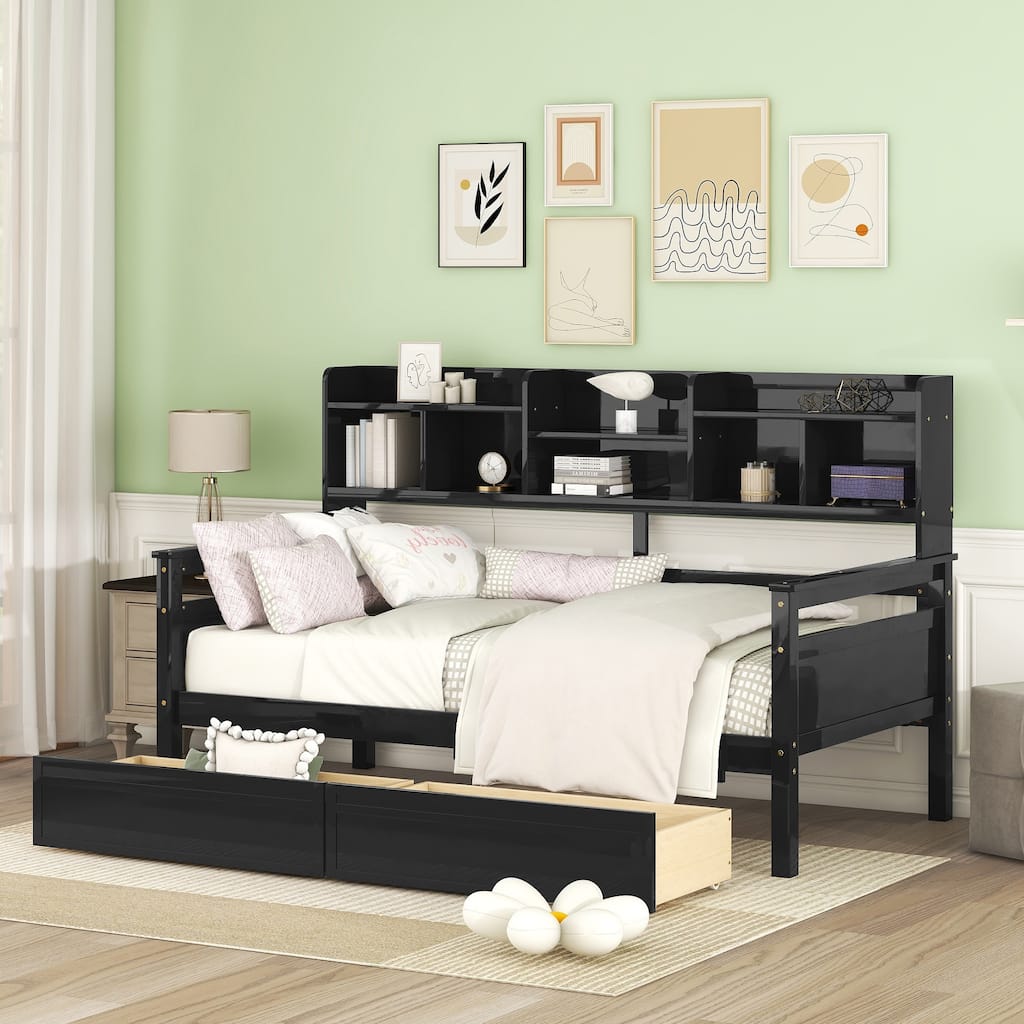 Twin Size Daybed with Wood Slat Support, Bedside Shelves, and Two Drawers in Espresso
