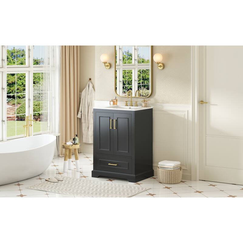 Bathroom Vanity with Ceramic Sink, Freestanding Bathroom Cabinet with Double Shelf, 1 Divided Drawer & 2 Soft Close Doors