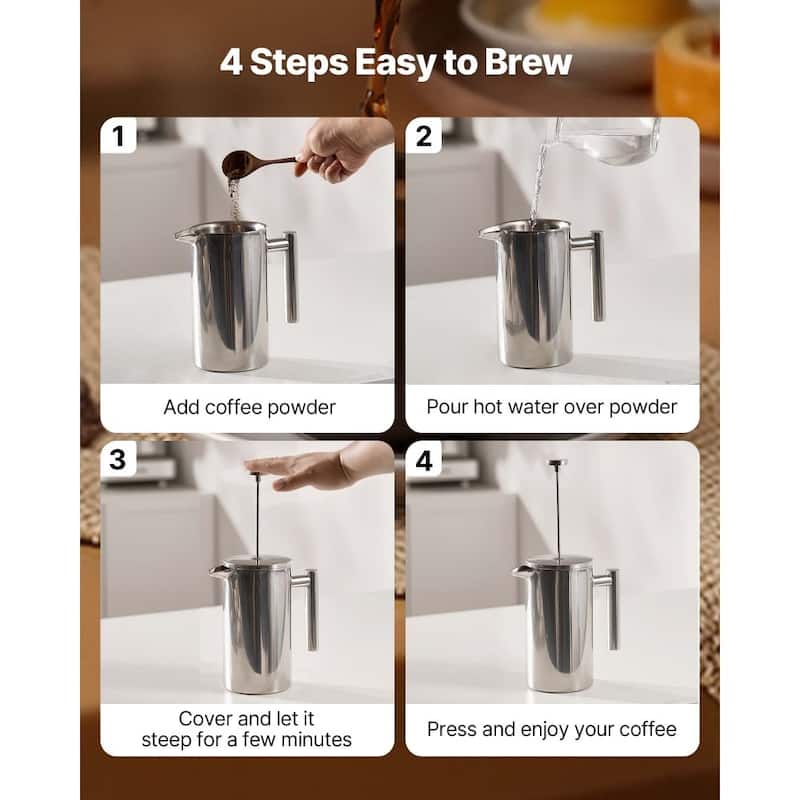 Silver Stainless Steel French Press Coffee Maker Portable