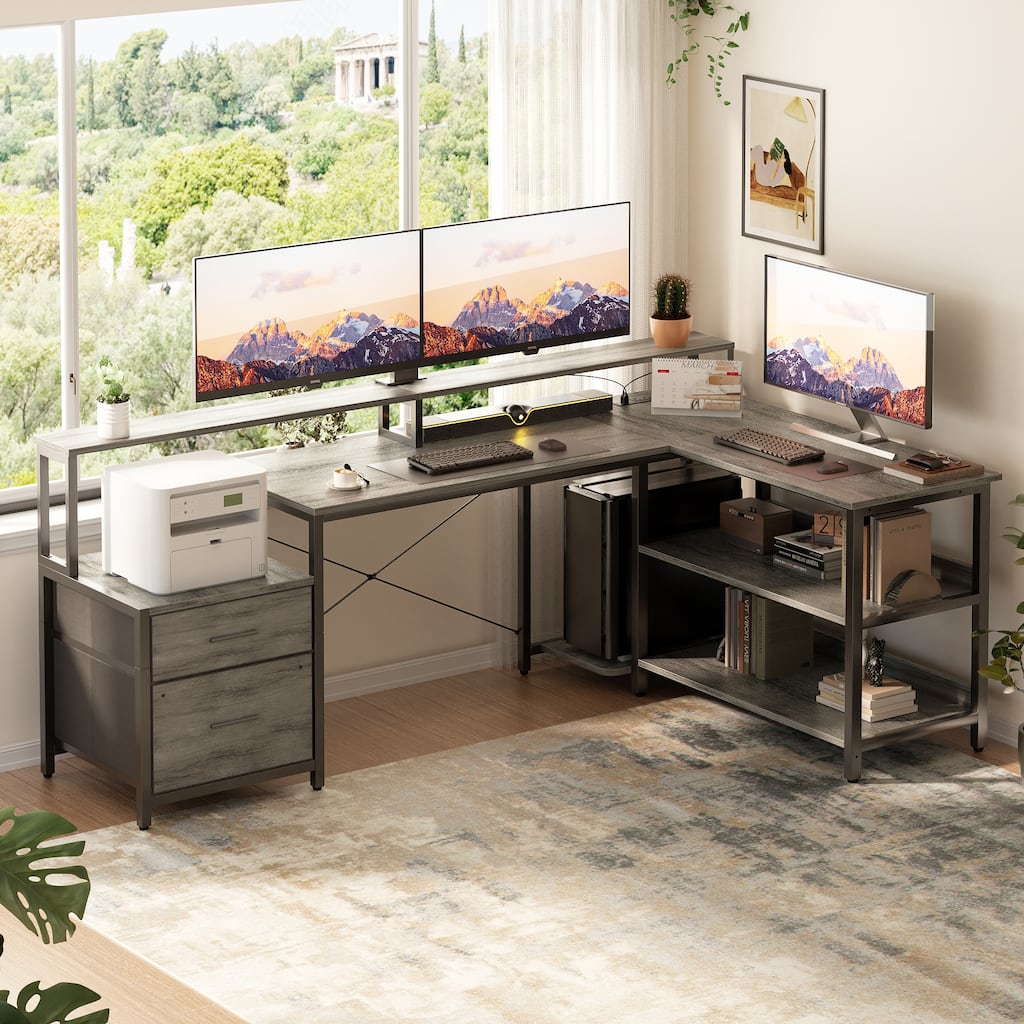 Reversible L Shaped Computer Desk with File Drawer ＆ Long Monitor Stand ＆ Charging Station & RGB LED Strips