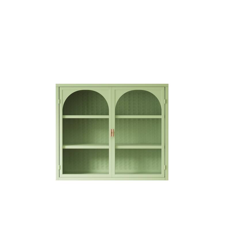 Green Wall Cabinet Buffet Sideboard with 3-tier Storage & Glass Door, Wall Storage Cabinet with Characteristic Woven Pattern