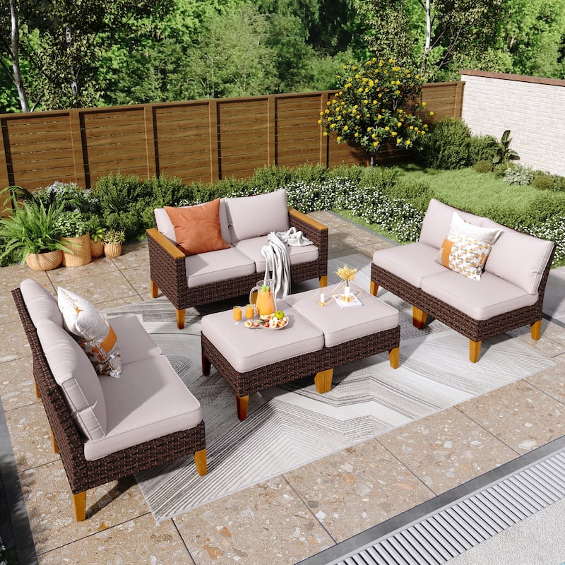9-Piece Outdoor Wicker Sectional Sofa Patio Furniture Luxury Conversation Set, Beige Cushion - 8-Seat - Type C