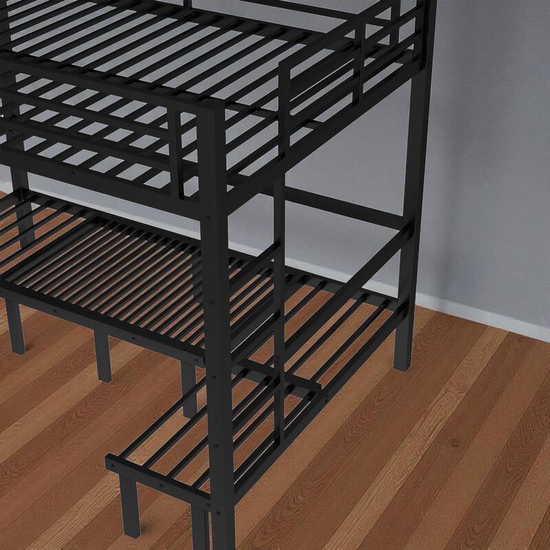 Full over Full / Queen over Queen Metal Bunk Bed with 3-Section Pull-Out Lower Bed and Safety Guardrails