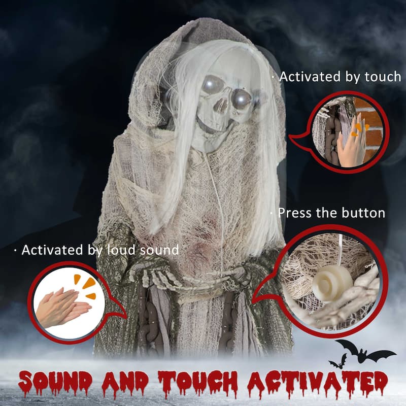 Outsunny 72" Life Size Outdoor Halloween Decorations Skeleton Witch, Sound and Motion Activated Animated Prop Animatronic Décor