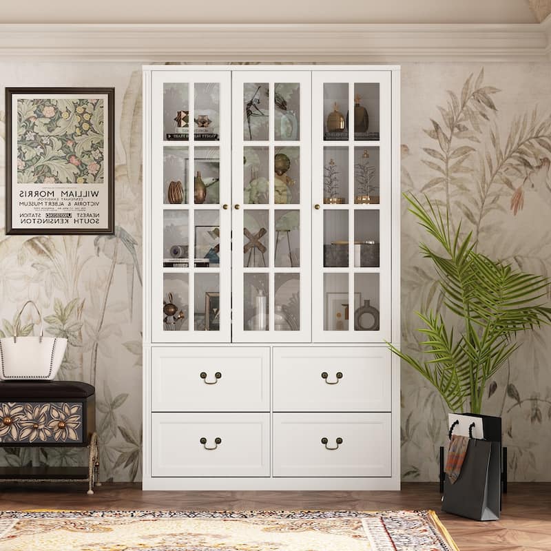78.7"H Combo Glass Doors Display Cabinet Wooden Bookshelf Organizer
