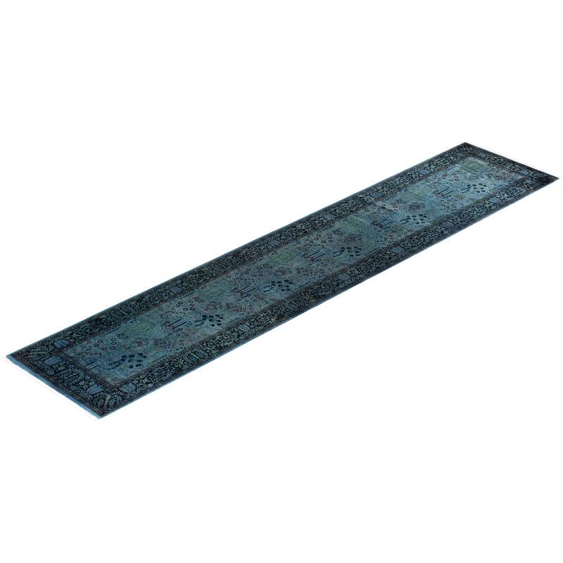 Overton Hand Knotted Wool Vintage Inspired Modern Contemporary Overdyed Blue Runner Rug - 2' 6" x 12' 5"