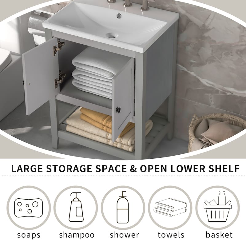 GDFStudio - Genevieve 24" Modern Bathroom Vanity with Ceramic Sink and Solid Wood Frame, Open Shelf Design