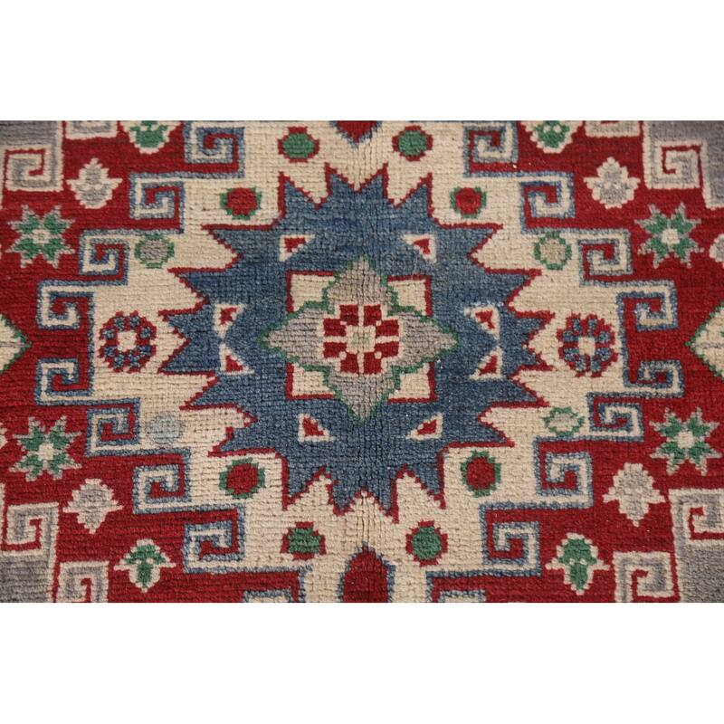 Gray Geometric Kazak Oriental Area Rug Hand-Knotted Wool Carpet - 6'10"x 9'11"