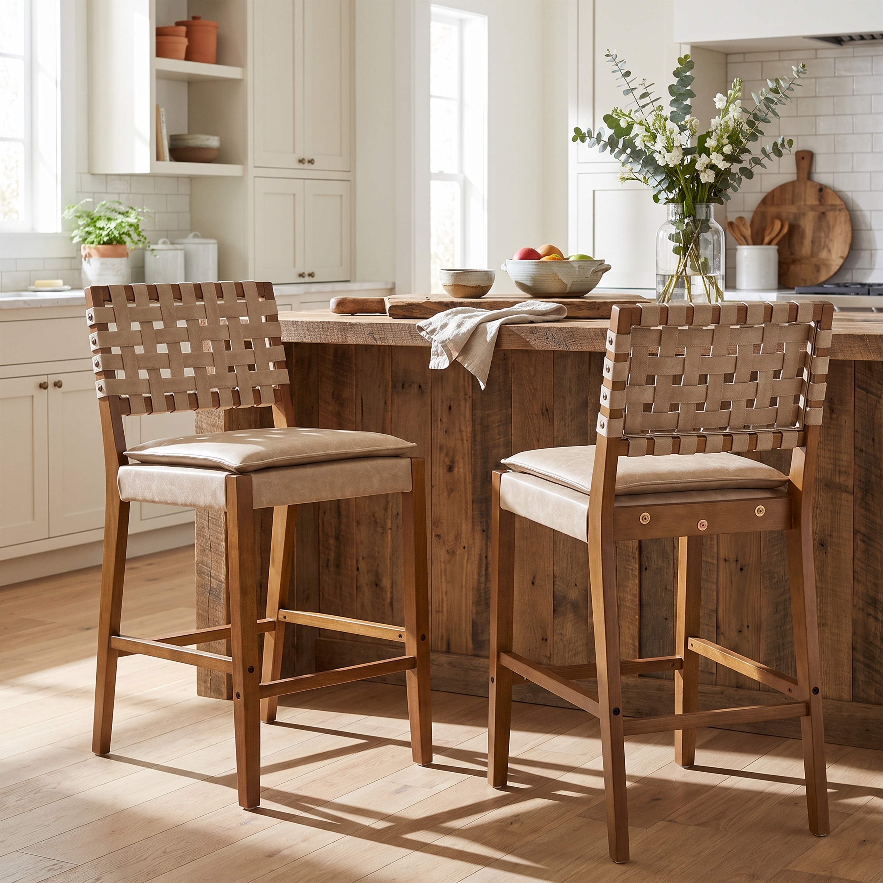 Christopher Knight Home - Rieti Mid-Century Set of 2 Wood Counter Stools with Woven PU Back and Upholstered Seat