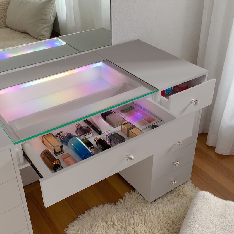51.2" Vanity Desk with RGB LED Lights, Glass Top Makeup Table with 11 Storage Drawers & Touch Sensor for Bedroom