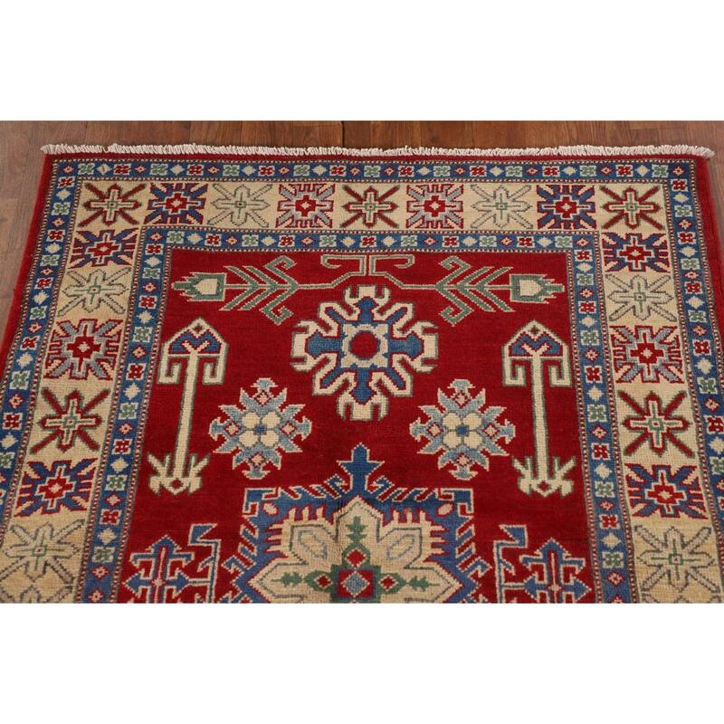 Geometric Kazak Rug Hand-Knotted Oriental Red Wool Carpet - 3'4"x 4'9"