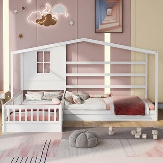 Twin Size Wood House Platform Bed, L-Shaped with Fence and Slatted Frame