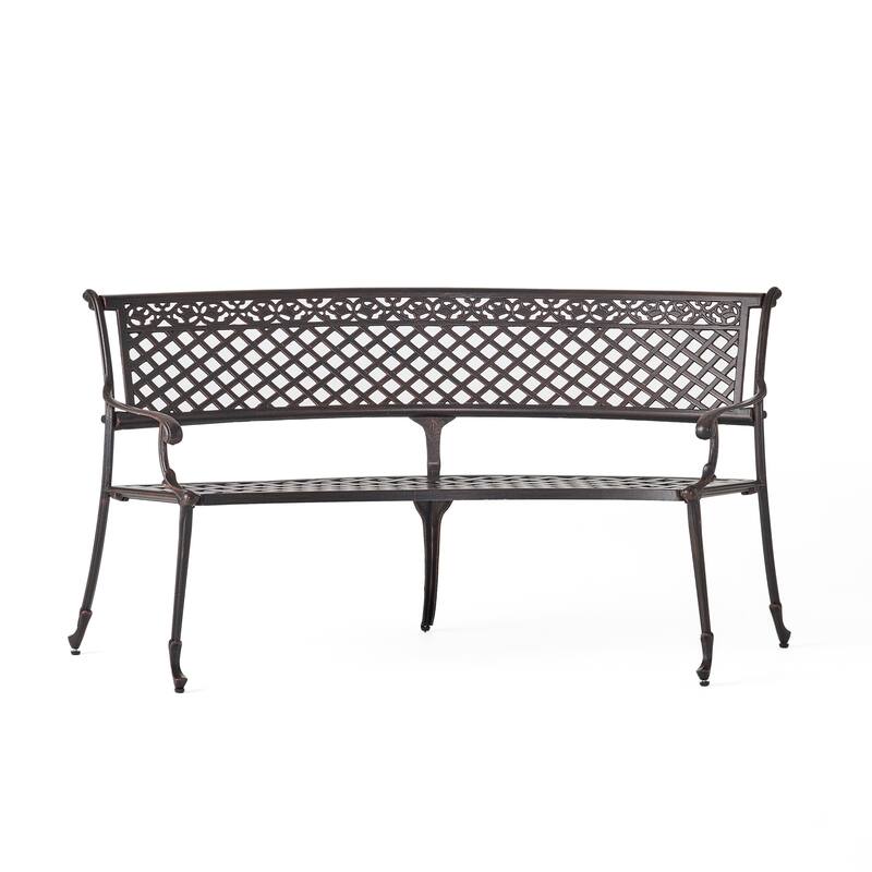 Roomfitters Outdoor Cast Aluminum Patio Bench with Lattice Backrest and Armrests, Copper Finish