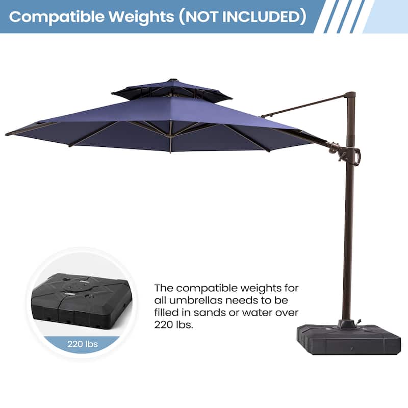 11 ft Outdoor Aluminum Dual Top Solar Powered LED Lighted Patio Cantilever Umbrella and Weighted Base