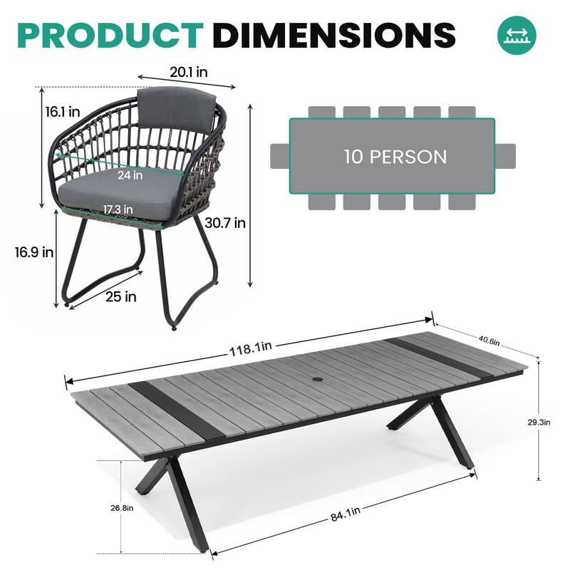 VredHom 11PC Outdoor Patio Aluminum X-Frame Dining Set Table with Rattan Chairs Umbrella Hole