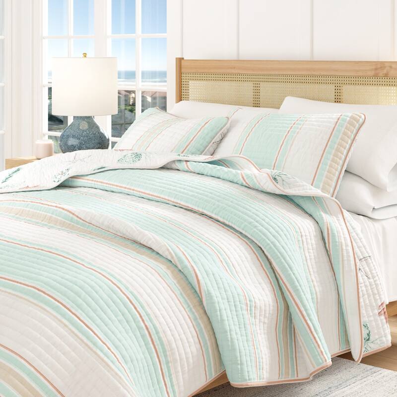Linery & Co. Cotton Stitched Reversible Coastal 3 Piece Quilt and Sham Set