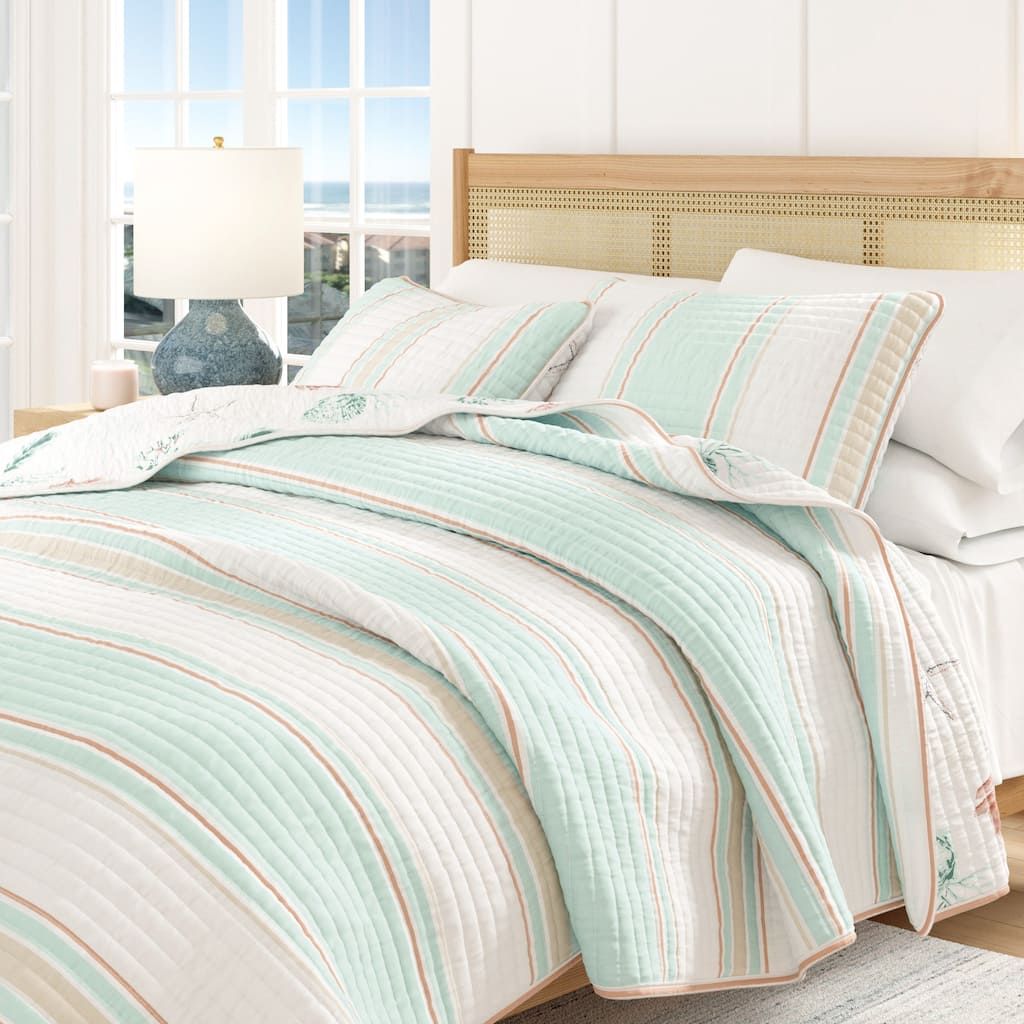 Linery & Co. Cotton Stitched Reversible Coastal 3 Piece Quilt and Sham Set