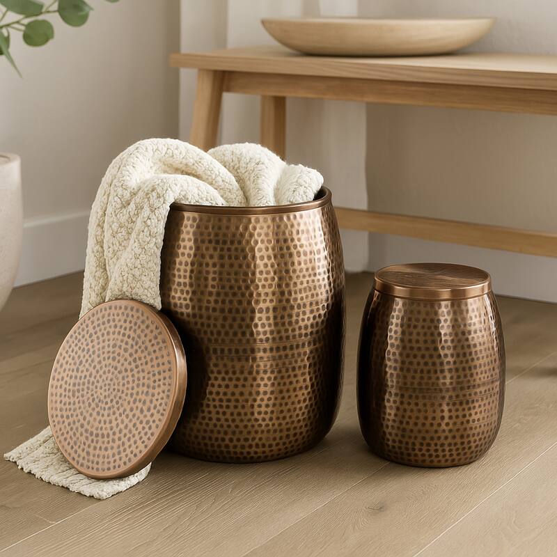 happimess Rustic Metal Drum Storage Side Table with Lid