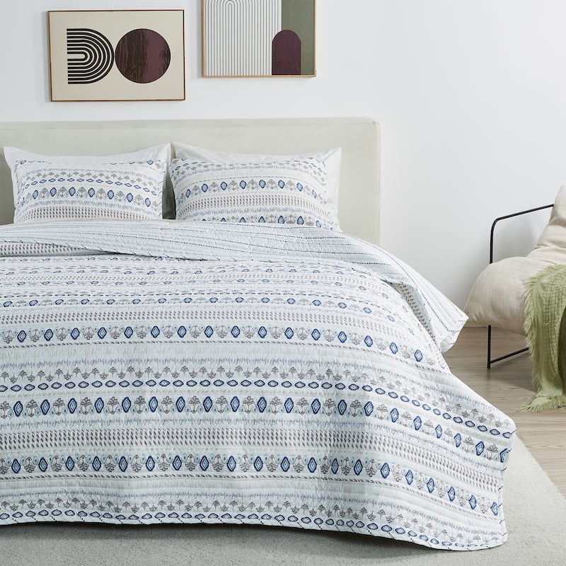 Linery & Co. Floral Stripe Printed Reversible Stitched Quilt Set with Shams