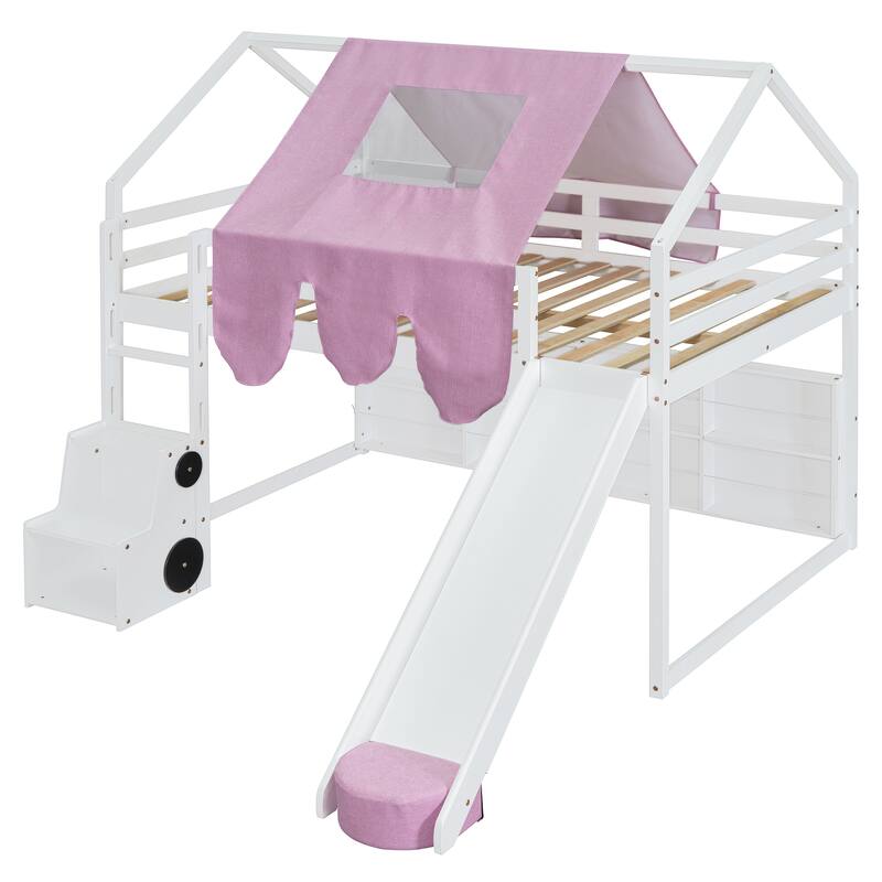 Wooden Loft Bed with House-Shaped Frame, Tent, Slide, and Ladder, Twin/Full Size, Natural Beige