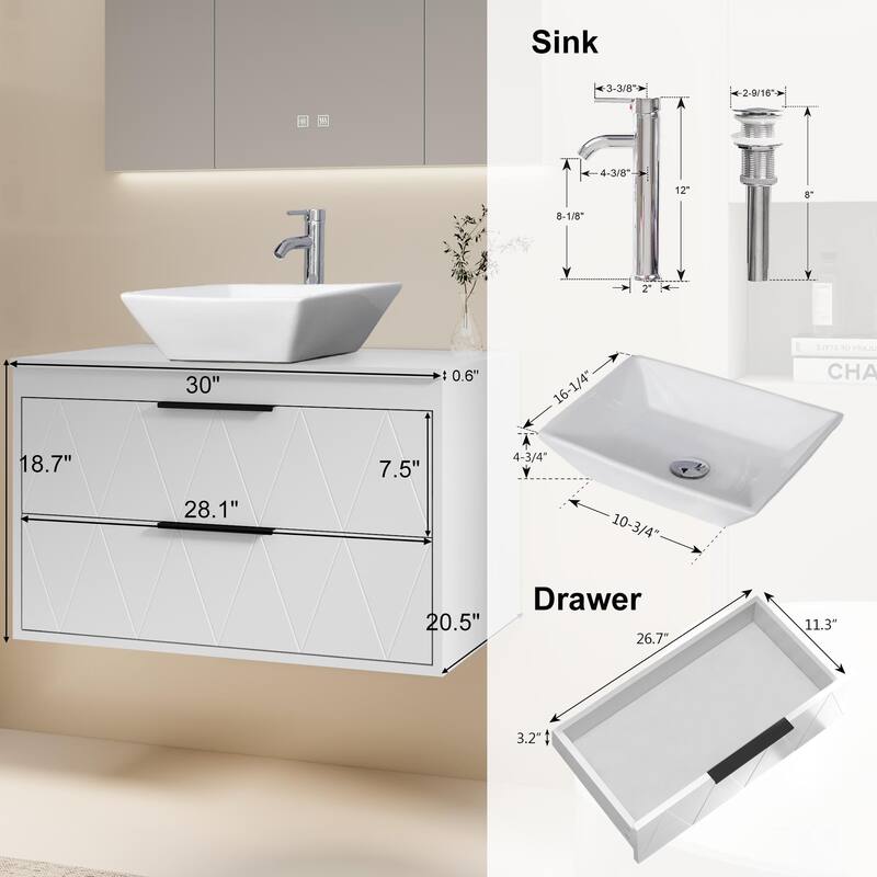 Modern Wall Mounted Bathroom Vanity Set with Vessel Sink & Faucet