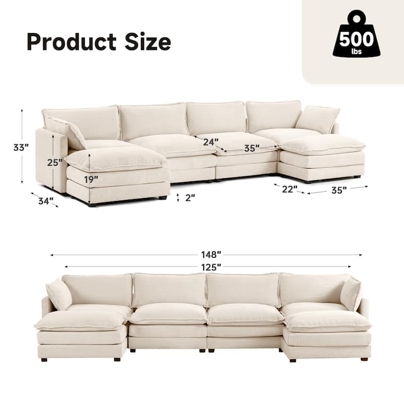 Corduroy Sectional Sofa with Removable Ottomans & Ultra-soft Cushions for Living Room & Bedroom