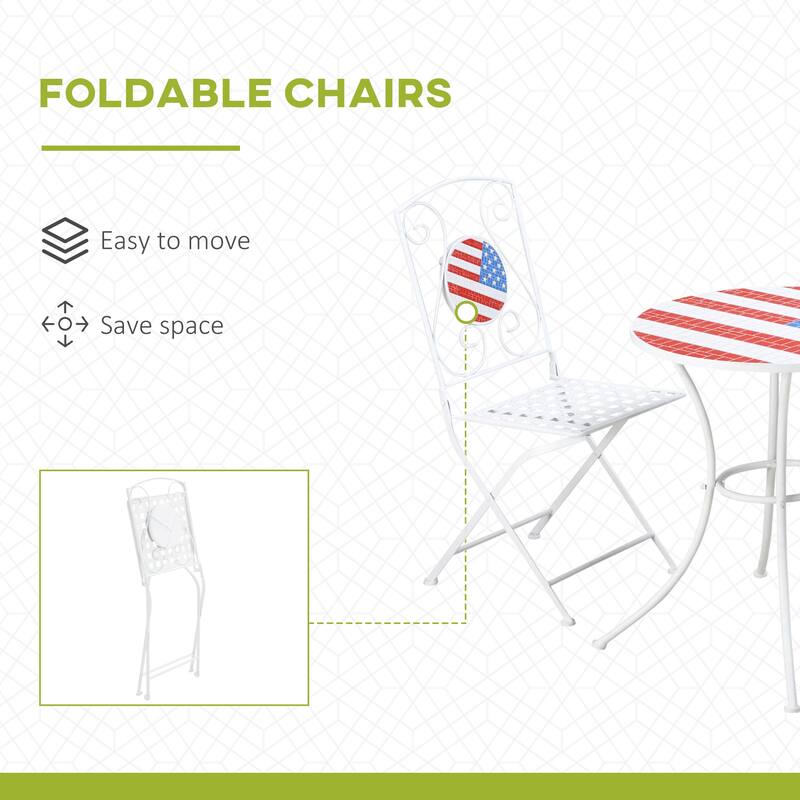 Outsunny 3 Piece Patio Bistro Set with Coffee Table and 2 Folding Chairs, Mosaic American Flag Tabletop and Backs