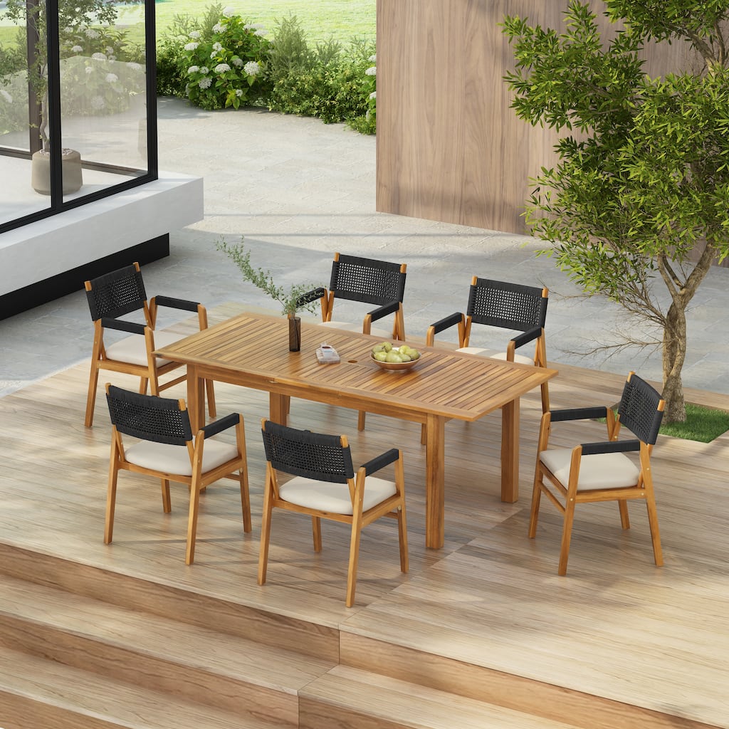 Christopher Knight Home- Ethan Outdoor 7-piece Expandable Acacia Wood Dining Set with Rope-Woven Armchairs