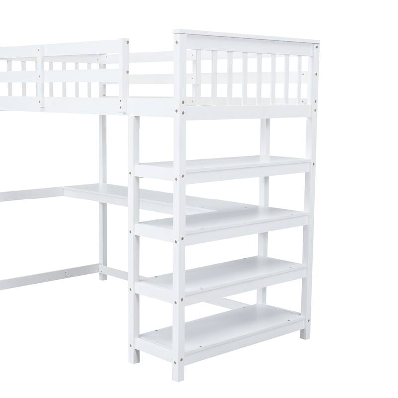 Twin Size Loft Bed with Storage Shelves and Under-bed Desk in White
