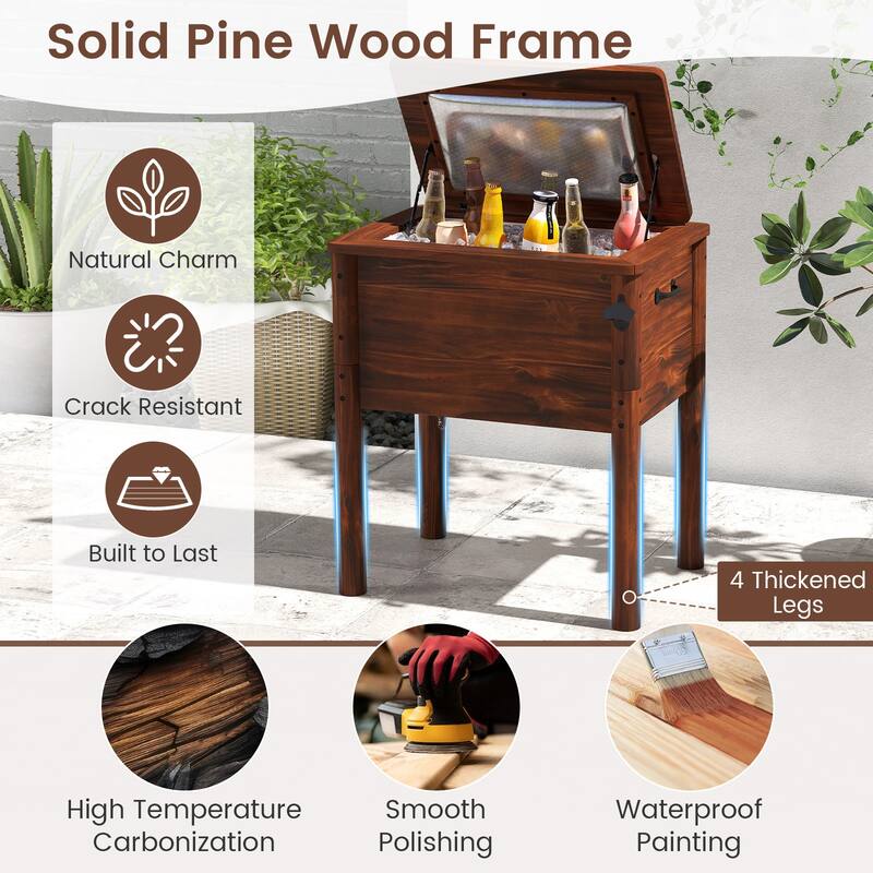 Brown Pine Wood 54QT Patio Cooler with Insulation Foam and Bottle Opener - 26.5" L x 18.5" W x 29" H