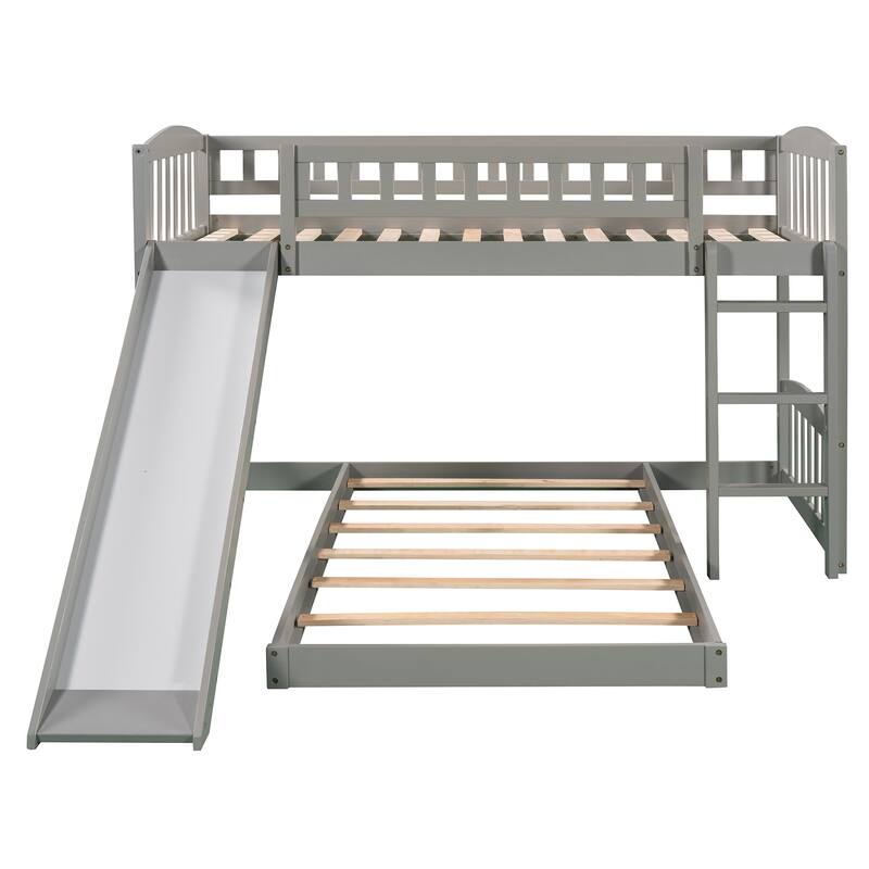 Wood Twin Over Twin Bunk Bed Frame w/Slide, Ladder & Safety Guardrails