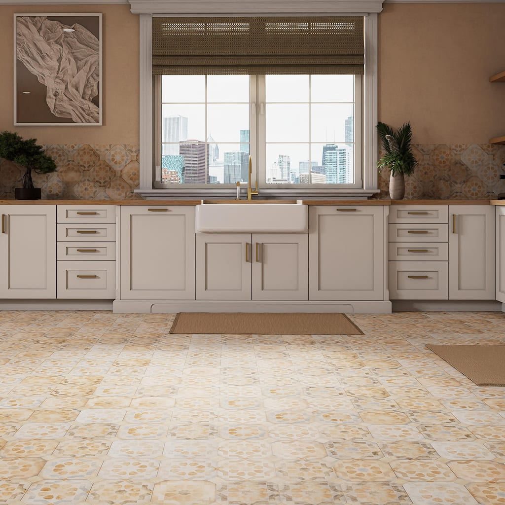 Merola Tile Laverton Octagon Deco Multicolor with Taco Beige 7-7/8" x 7-7/8" Porcelain Floor and Wall Tile