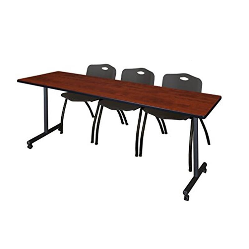 84" x 24" Mobile Training Table- Cherry & 3 'M' Stack Chairs- Black