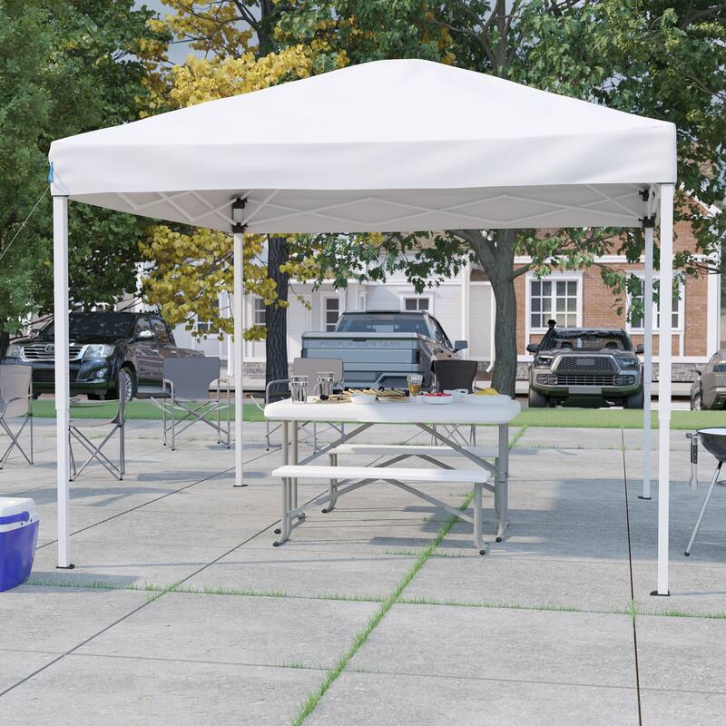Pop Up Canopy with Carry Bag and Folding Table with Benches Set - White