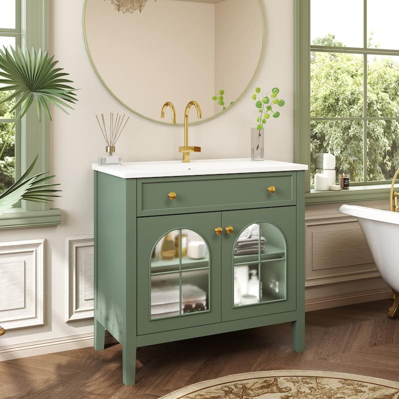 35.6-Inch Mid-Century Bathroom Vanity Sink with Patterned Glass & Motion-Sensor Light, Farmhouse Storage Vanity - Green
