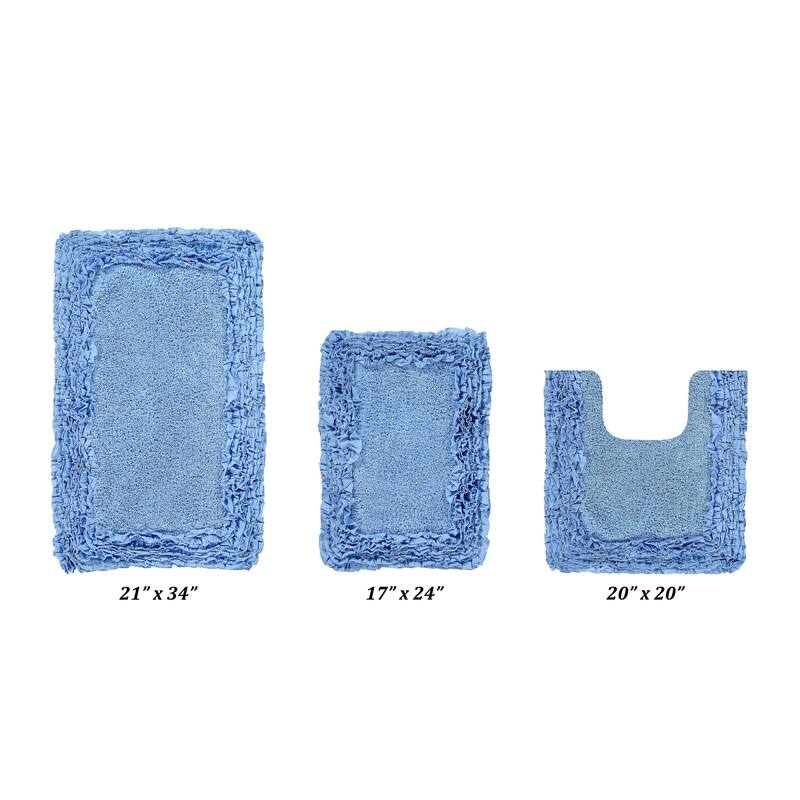 Better Trends Shaggy Border Collection Bathroom Rug -100% Cotton Tufted, Non-Skid Spray Latex Backing, Machine Washable Bath Mat - 3 Piece Set (17" x 24" | 20" x 20" | 21" x 34") - Blue