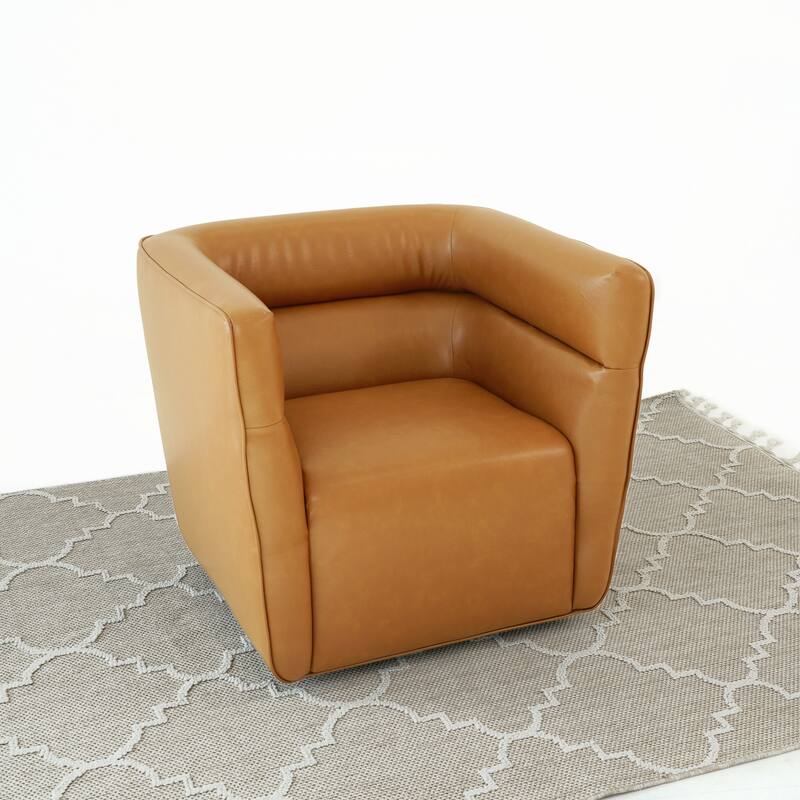 Willa Mid-Century Modern Upholstered Swivel Chair in Vegan Tan Leather - Tan PU Leather