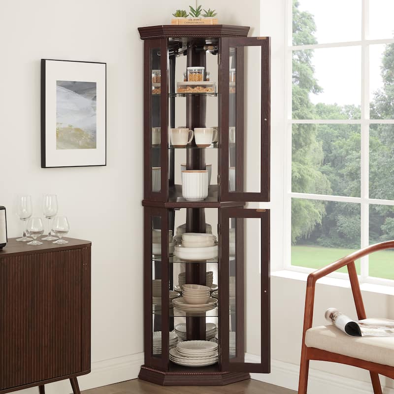 Lighted Corner Curio Cabinet, Floor Standing Glass Display Cabinet, China Cabinet with Tempered Glass Doors & Adjustable Shelve