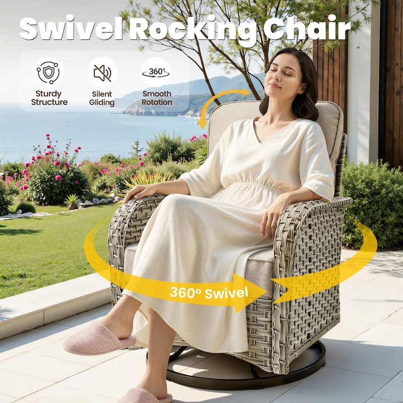 HOOOWOOO 9-piece Wicker Outdoor Furniture Patio Sofa Swivel Chair Set with Fire Pit Table