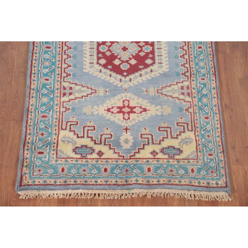 Geometric Kazak Accent Rug Handmade Blue Wool Carpet - 3'0"x 4'11"