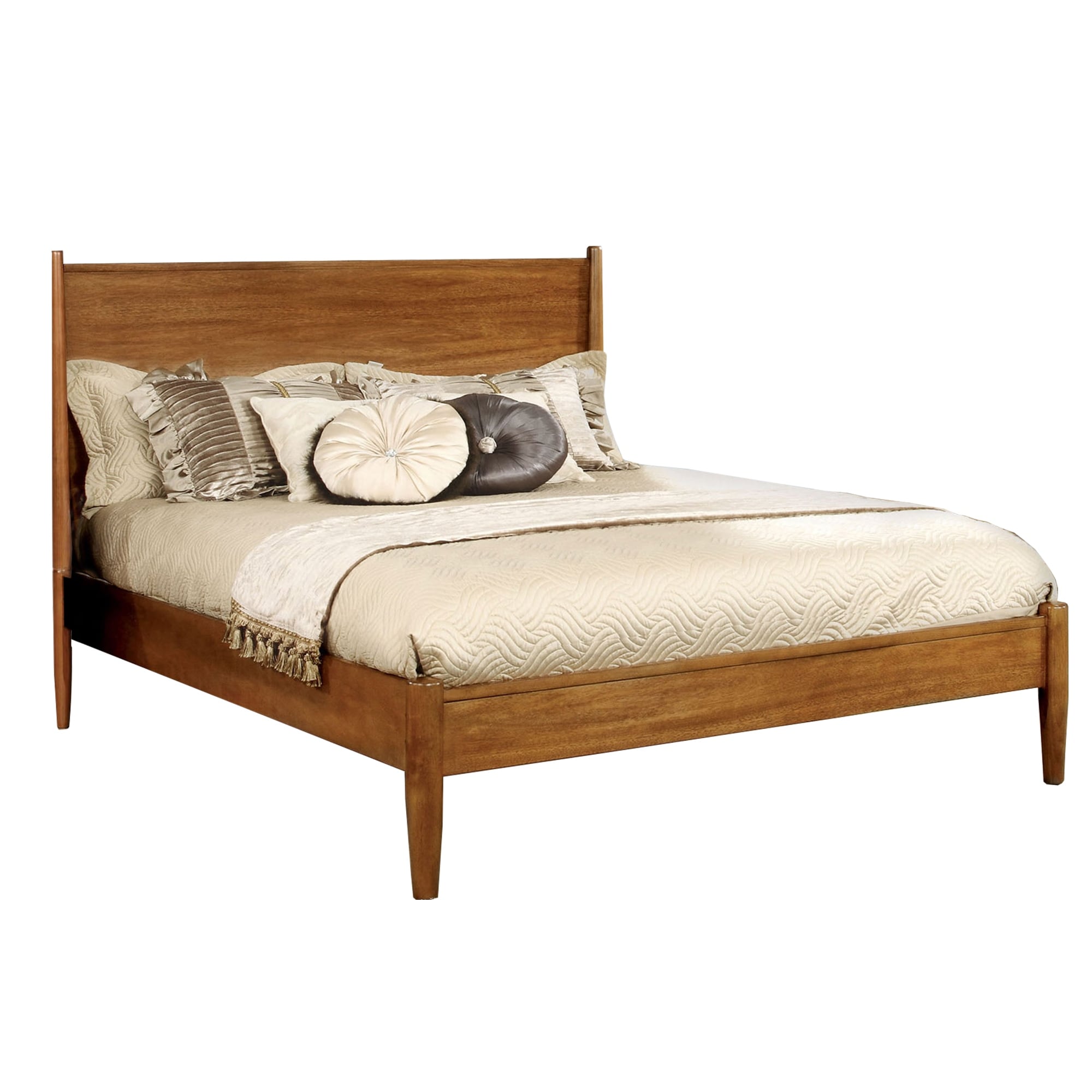 Benjara Mid Century Modern Wood Queen Bed, Round Tapered Legs, Oak Brown