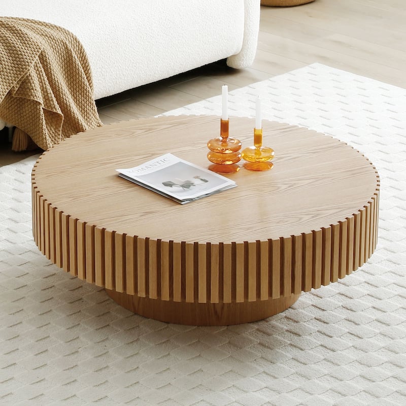 Modern Natural Black Round Coffee Table with Sturdy Pedestal No Assembled - 31.49" - Natural-Small