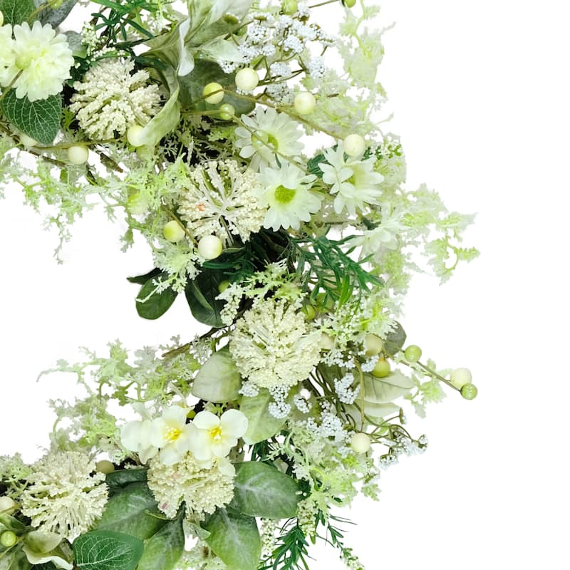 Echinops and Daisy Artificial Spring Floral Wreath - 26" - Green and White